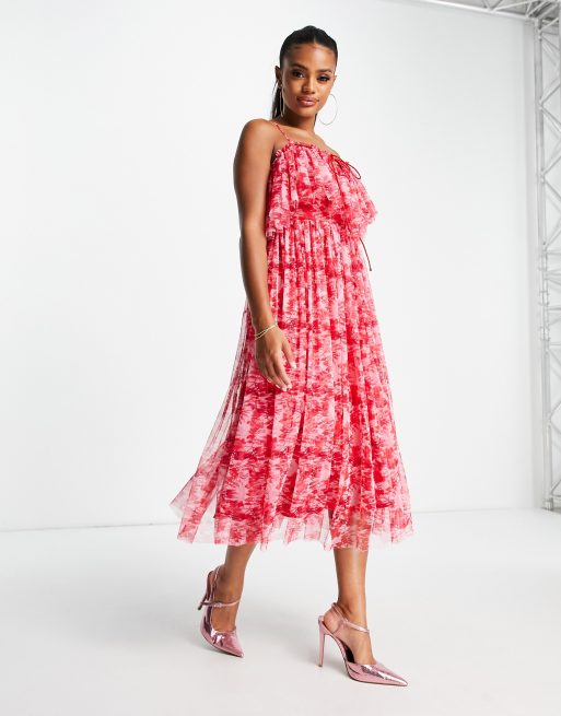 Lace & Beads midi dress in red floral print