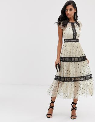 lace & beads midi dress in spotty mesh with lace inserts in cream