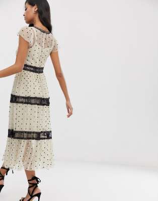 lace & beads midi dress in spotty mesh with lace inserts in cream