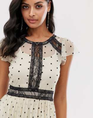 lace & beads midi dress in spotty mesh with lace inserts in cream