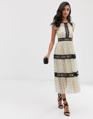 lace & beads midi dress in spotty mesh with lace inserts in cream