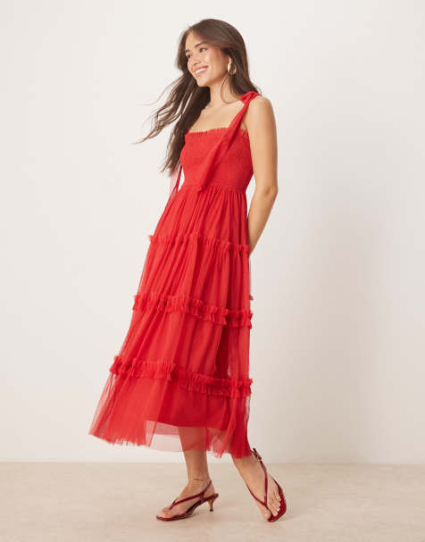 Lace & Beads - Midi-jurk met gestrikte schouderbandjes en ruches in kersenrood - view 1