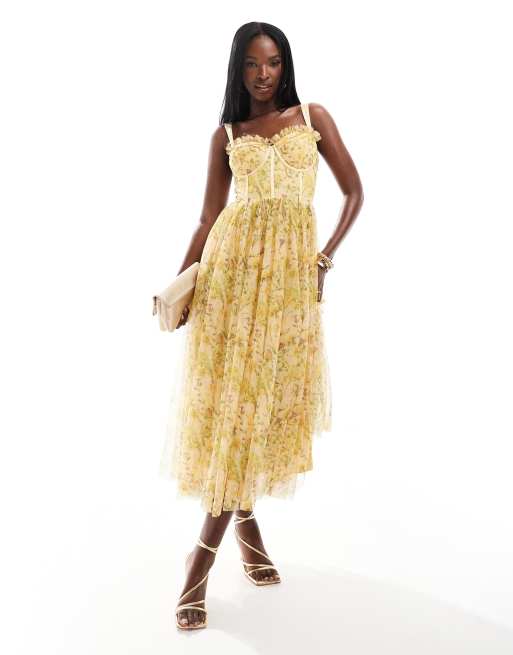 Lace & Beads - Midi jurk met korset in gele bloemenprint