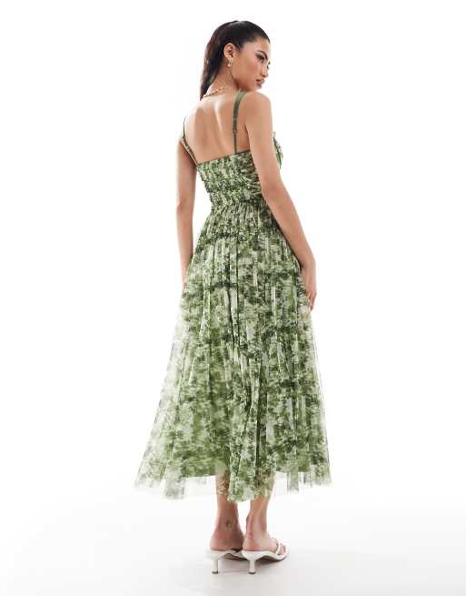 Lace & Beads - Midi jurk van tule met korset in olijfgroene bloemenprint, 3 van 4