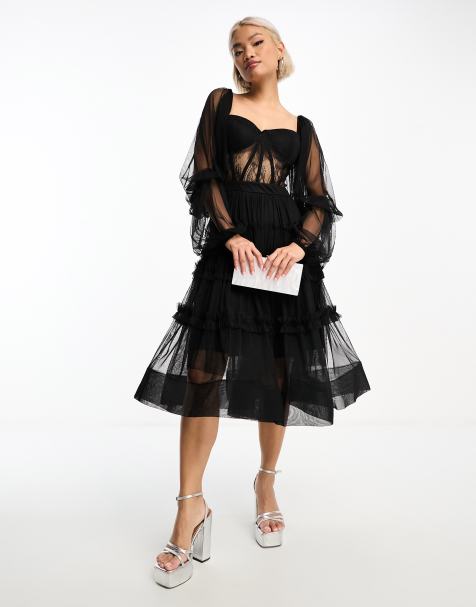 Lace & Beads - Midi-jurk van tule met korsetdetail in zwart - view 1