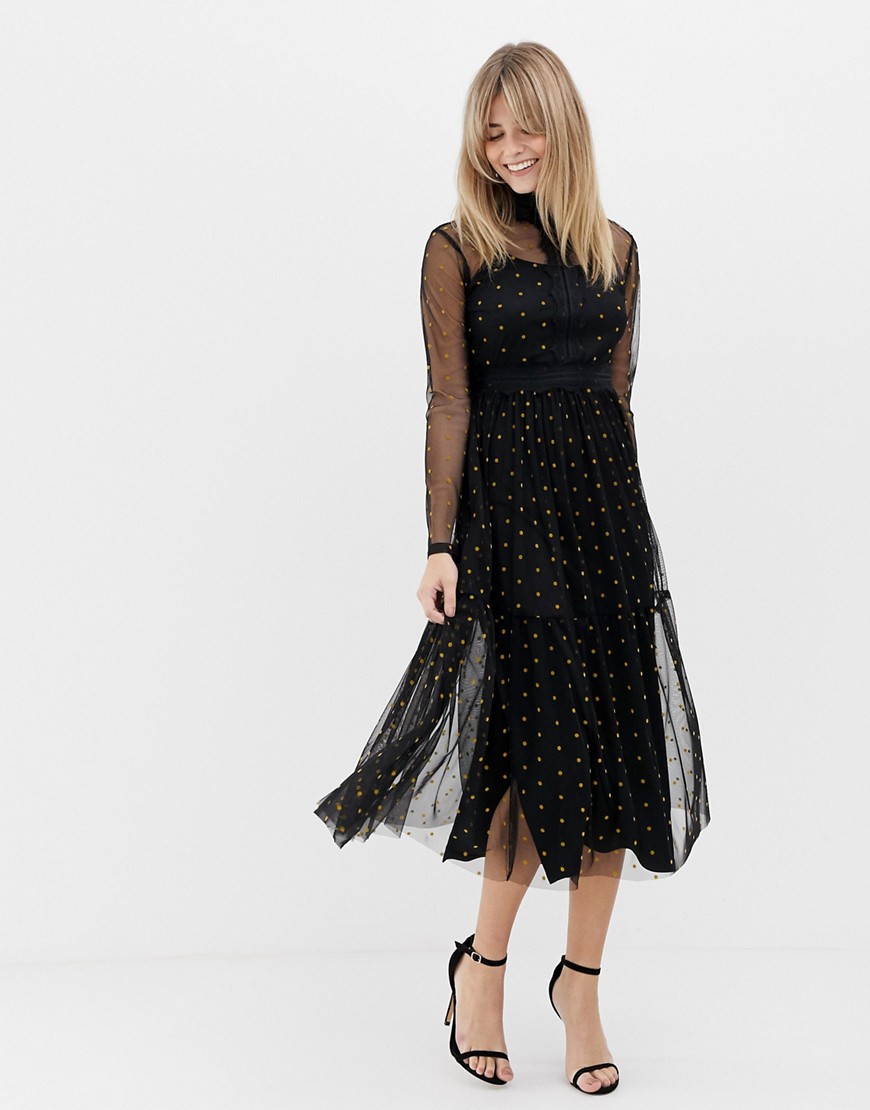 Lace & Beads - Midi-jurk van tule met lange mouwen en mosterdgele stippen-Zwart