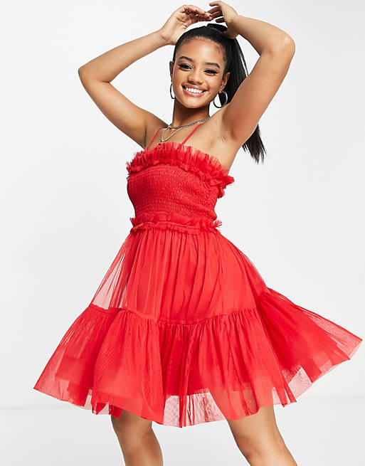 Lace & Beads mini cami A line dress in bright red 