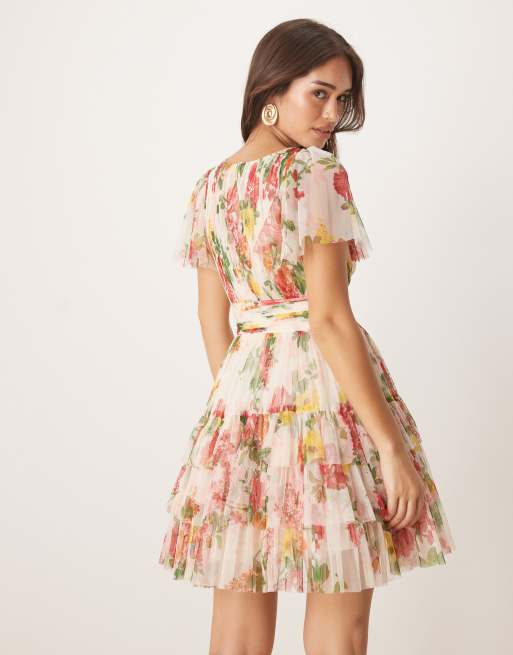 Lace & Beads - Mini-jurk met fladdermouw in felle bloemenprint, 2 van 4