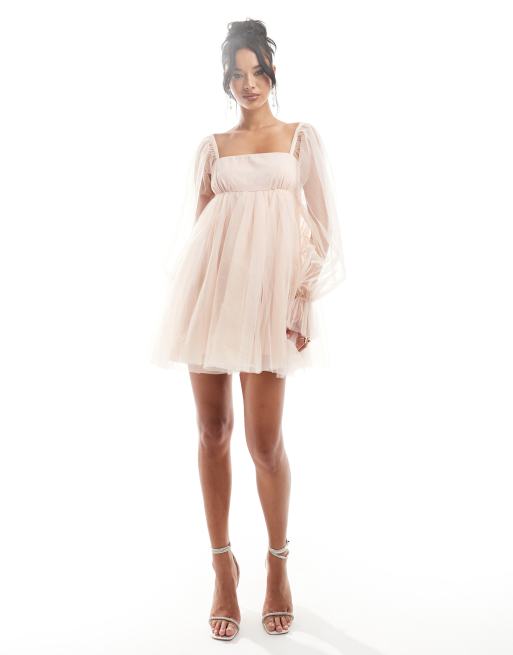 Lace & Beads - Mini jurk van organza in beigeroze