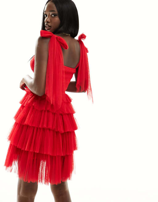 Lace & Beads - Mini jurk van tule met gestrikte schouders en ruches in rood , 4 van 4