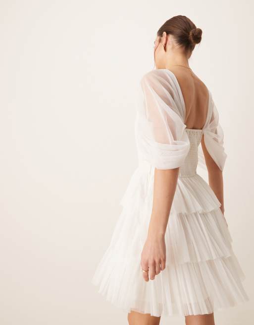 Lace & Beads - Mini-korsetjurk met blote schouders van tule in ivoorwit, 3 van 4