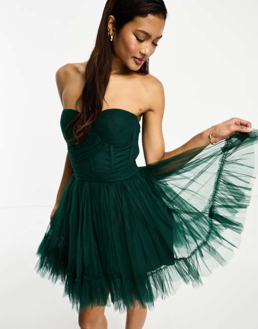 Lace & Beads - Mini korsetjurk van tule met overslag in smaragdgroen