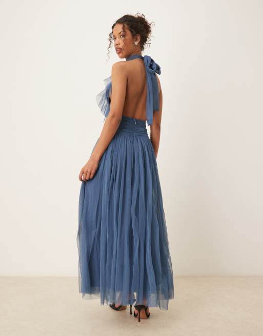 Lace & Beads – Mörkblå maxiklänning med volang och vattenfallsstil, 4 av 4