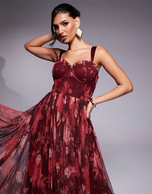 Lace & Beads - Mørk rød-rosa midaxi-kjole med korsetdetaljer i tyl, 3 af 4