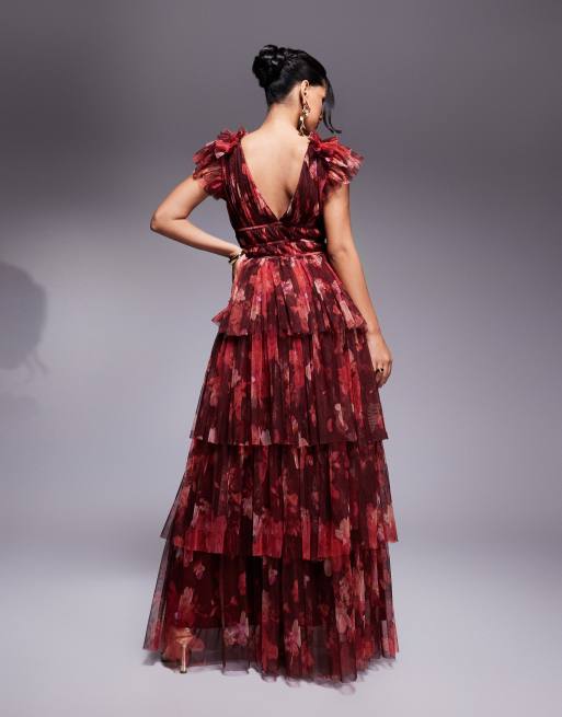Lace & Beads - Mørkerød lagdelt maxikjole med flæseskuldre, 3 af 4