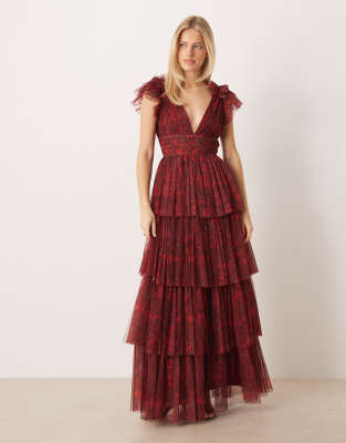 Lace & Beads Naomi Ruffle Layered Maxi Dress In Red