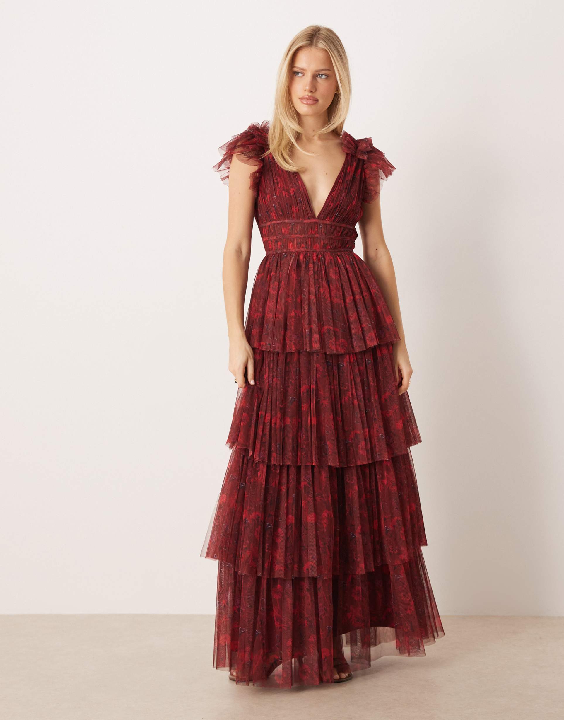lace & beads naomi ruffle layered maxi dress in red print