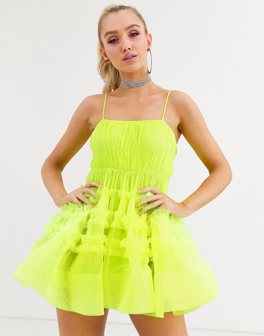 Lace & Beads - Neon limefarvet struktureret minikjole i tyl med bodystocking-Gul