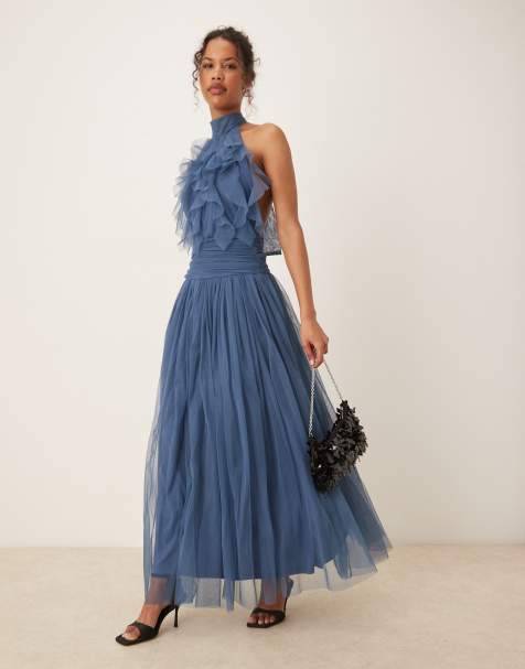 Lace & Beads waterfall ruffle maxi dress in ethereal blue