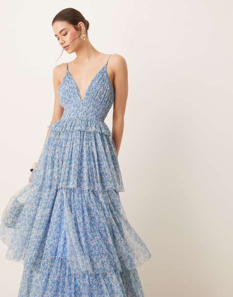 Lace & Beads – Niebieska warstwowa sukienka maxi z marszczeniem w kwiatowy wzór - view 1