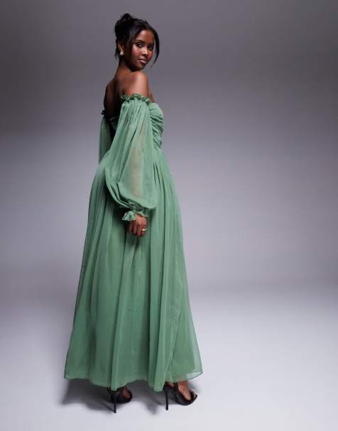 green emerald velvet dress Rent ASOS DESIGN Bare Shoulder Prom Scuba Midi Dress In Forest Green main image 0