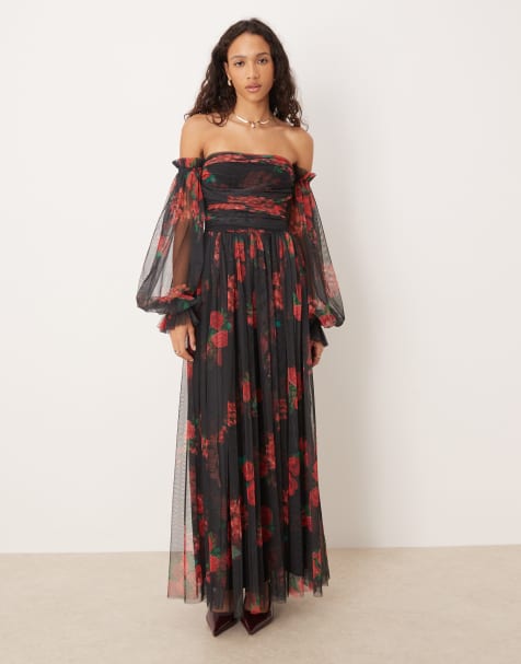 Lace & Beads off shoulder balloon sleeve tulle maxi dress in black rose - view 1