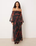 [Lace & Beads] Lace & Beads off shoulder balloon sleeve tulle maxi dress in black rose-Multi 8 Black Rose