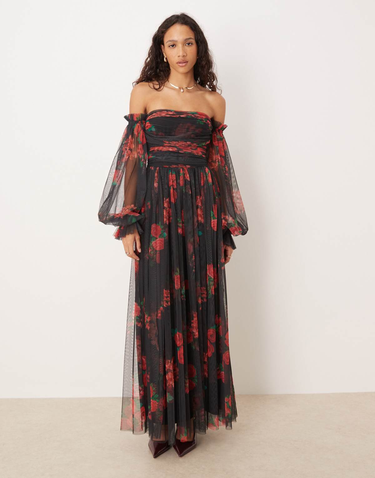 Lace & Beads off shoulder balloon sleeve tulle maxi dress in black rose