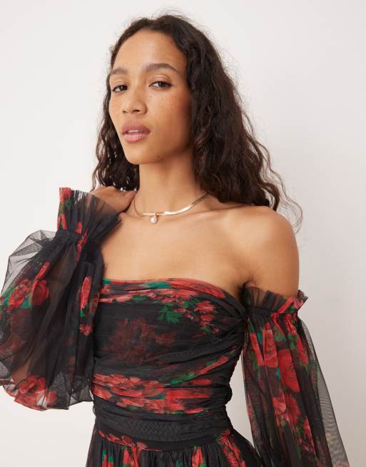 Lace & Beads off shoulder balloon sleeve tulle maxi dress in black rose, 3 of 4