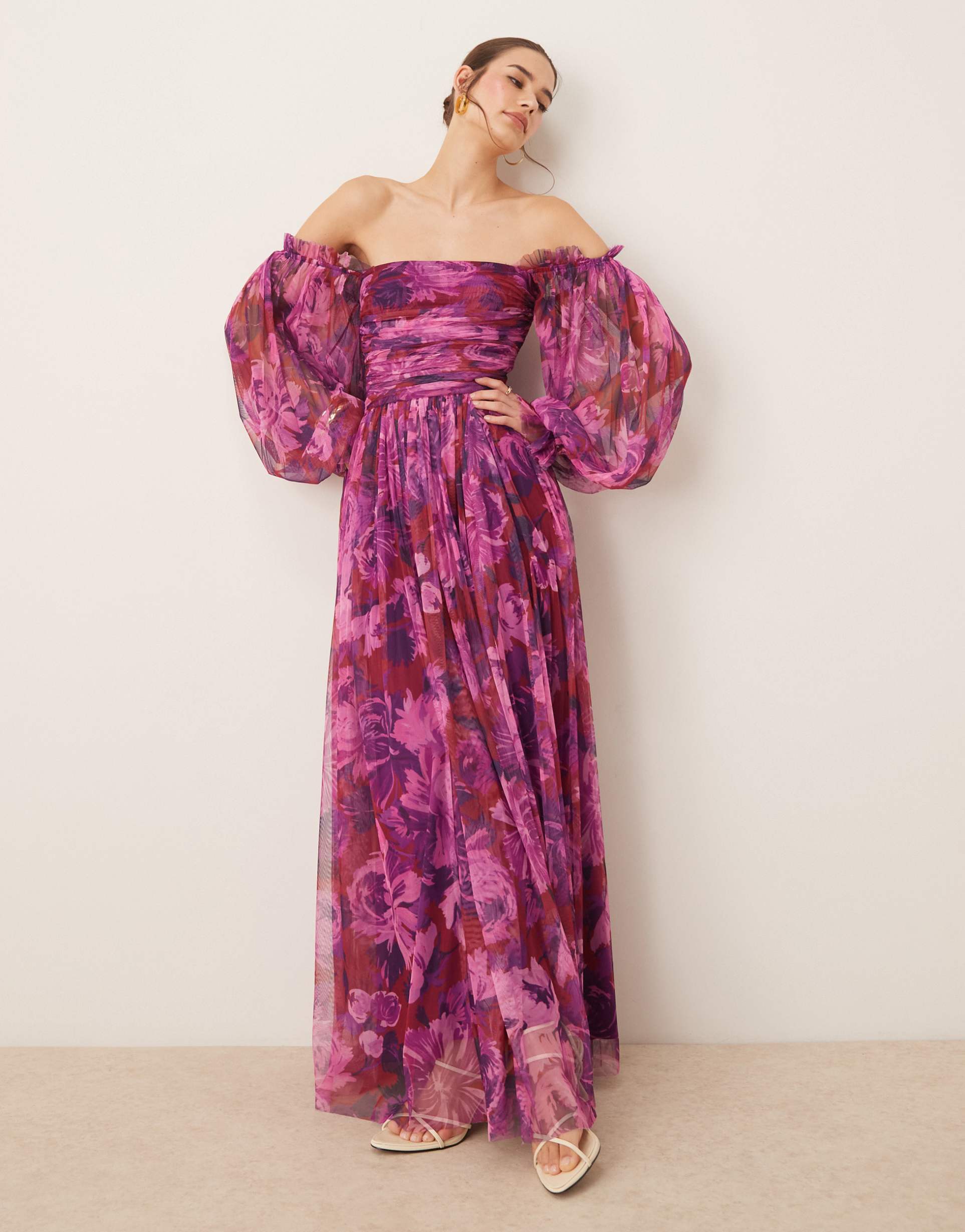 lace & beads off shoulder balloon sleeve tulle maxi dress in fuchsia floral