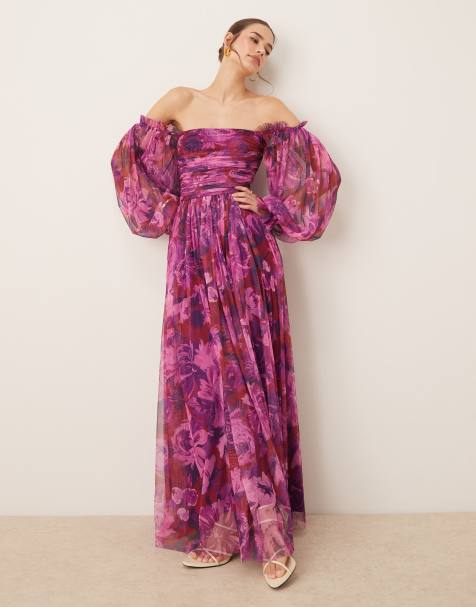 Lace & Beads off shoulder balloon sleeve tulle maxi dress in purple floral