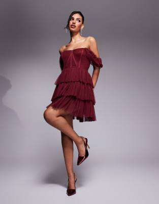 Lace & Beads Lace & Beads off shoulder corset tulle mini dress in burgundy-Red