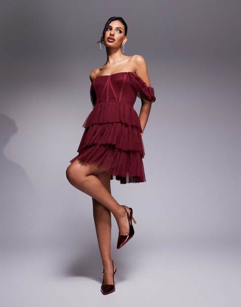 Lace & Beads off shoulder corset tulle mini dress in burgundy - view 1