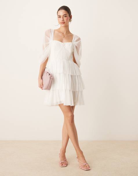 Lace & Beads off shoulder corset tulle mini dress in ivory