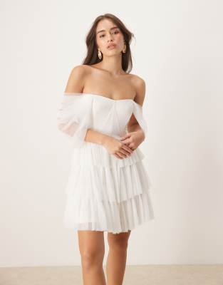 asos Lace & Beads off shoulder corset tulle mini dress in ivory