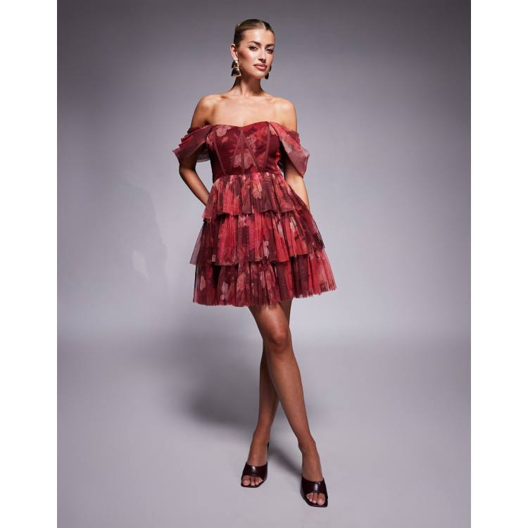 Lace & Beads off shoulder corset tulle mini dress in red rose