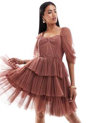 off shoulder corset tulle mini dress in rose brown