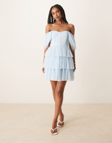 Lace & Beads off shoulder corset tulle mini dress in sky blue - view 1