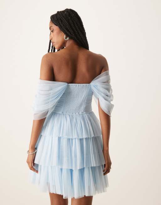 Lace & Beads off shoulder corset tulle mini dress in sky blue, 3 of 4