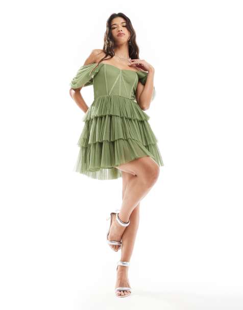 Lace & Beads off shoulder corset tulle mini dress in soft olive - view 1