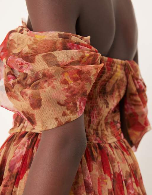 Lace & Beads off shoulder high low maxi dress in brown rose floral, 3 of 4