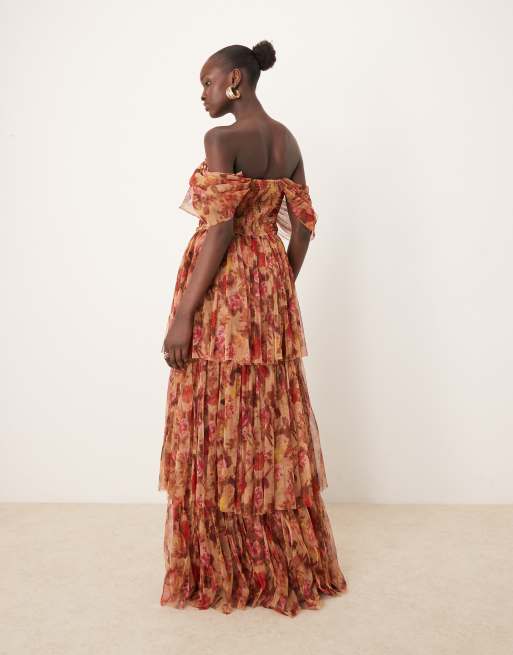 Lace & Beads off shoulder high low maxi dress in brown rose floral, 4 of 4