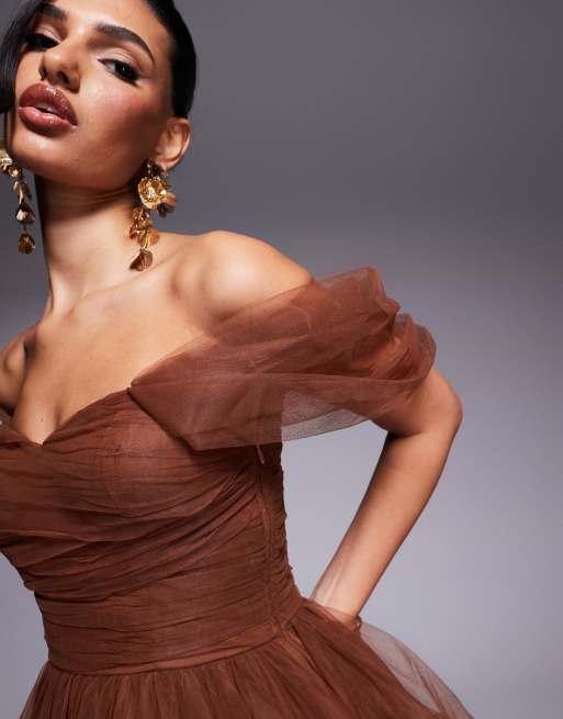 Lace & Beads off shoulder high low tulle maxi dress in brown