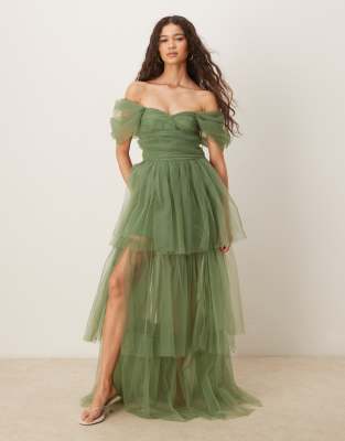 Lace & Beads Off Shoulder High Low Tulle Maxi Dress In Green
