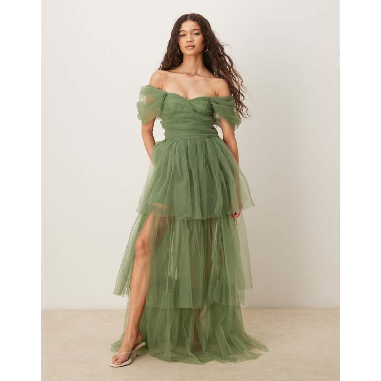 Tulle Off Shoulder Bustier／MAISONSPECIAL Off-Shoulder Beaded Corset Pleated Tulle Boho Wedding Dress - VQ