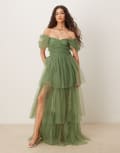[Lace & Beads] Lace & Beads off shoulder high low tulle maxi dress in dark sage-Green 10 Dark sage