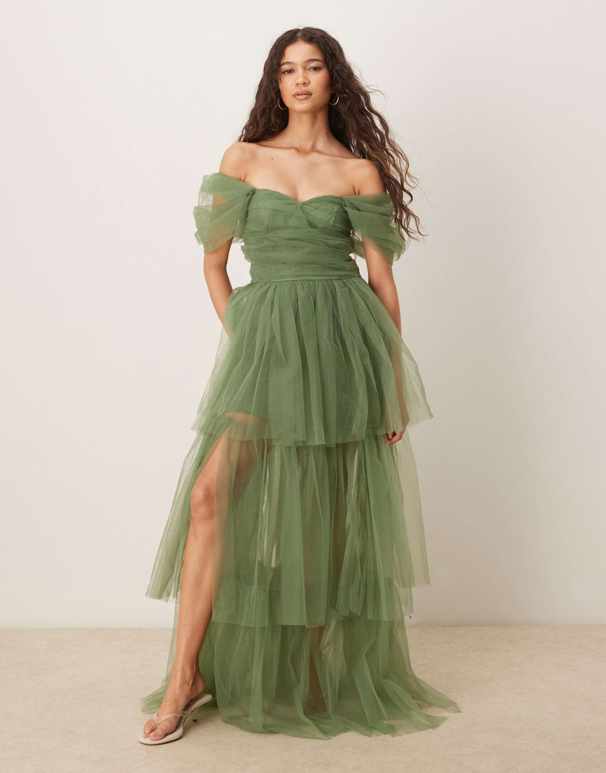 lace & beads off shoulder high low tulle maxi dress in dark sage