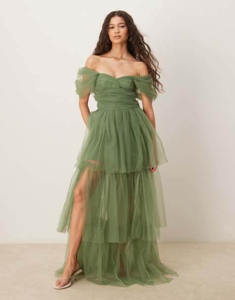 Lace & Beads off shoulder high low tulle maxi dress in dark sage