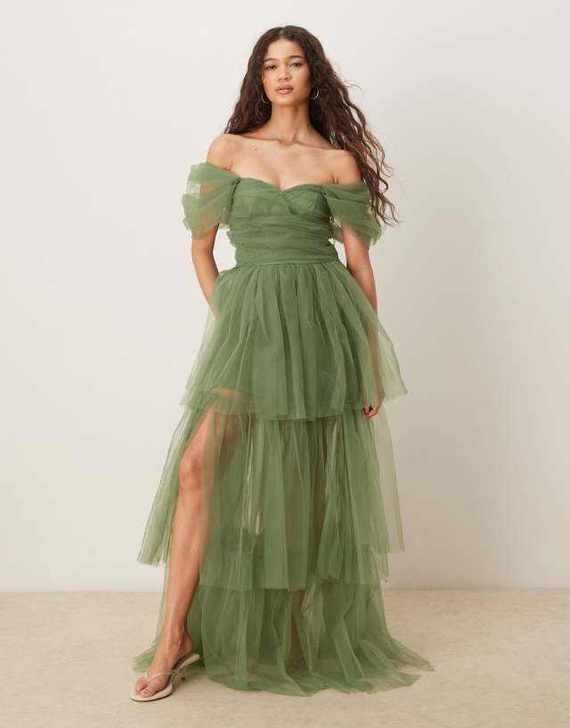 Lace & Beads off shoulder high low tulle maxi dress in dark sage