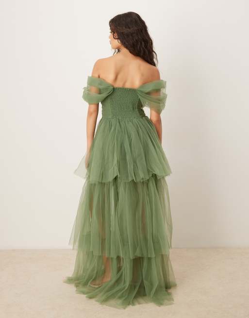 Lace & Beads off shoulder high low tulle maxi dress in dark sage